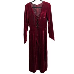 VTG Morbid Threads Velvet Maxi Dress Lace Up‎ V Neck Long Sleeve Burgundy Goth M